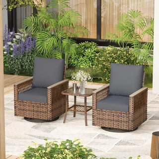 3-Piece Patio Bistro Set with Swivel Rocker Chairs – Outdoor Wicker Furniture Set with Cushions & Glass Side Table for Garden, Backyard & Balcony
