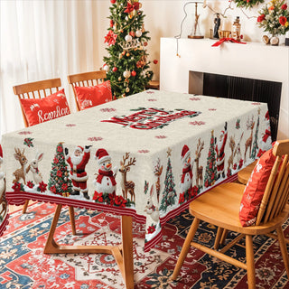 Merry Christmas Pattern Tablecloth with 4 Self-Adhesive Stickers – Santa, Snowman, Reindeer & Holiday Cheer