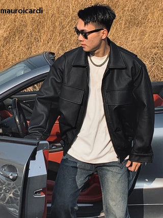 Mauroicardi Matte Black PU Leather Jacket