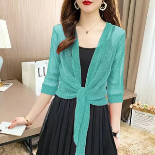 Women's Sheer Glitter Lace-up Cardigan