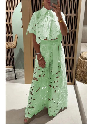 Lapel Single-Breasted Shirt Top + Wide-Leg Pants 2-Piece Set