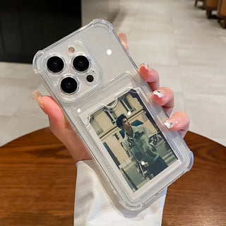 Clear phone case with embedded photo of a person in an indoor setting