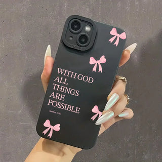 Minimalist Pink Bow Scripture iPhone Case, Soft TPU Matte Phone Cover with “With God All Things Are Possible” Design for iPhone 17 16E 16 15 14 13 12 11 Pro Max XS XR X 8 7 Plus SE2