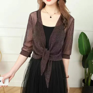 Women's Sheer Glitter Lace-up Cardigan