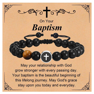 Men’s Cross Beaded Bracelet Adjustable Black Onyx Stainless Steel Faith Wristband Gift for Dad