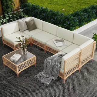 7-Piece Outdoor Patio Furniture Set – Wicker Sectional Sofa with Glass Table & Cushions
