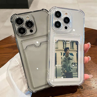 Transparent Card Slot iPhone Case, Clear Shockproof Soft TPU Wallet Cover with Photo Pocket Holder for iPhone 16 15 14 13 12 11 Pro Max Mini X XR 8 7 Plus SE