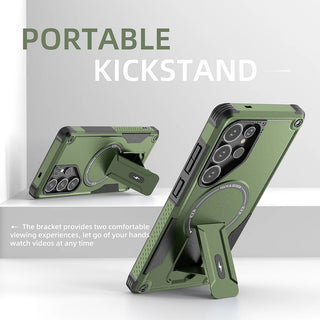 Fold Stand Magnetic Armor Samsung Case, Shockproof Half-Wrapped Cover with Portable Kickstand, Camera Guard, Screen Protection, and Wireless Charging Support for Galaxy S26 S25 S24 A56 A26 A16