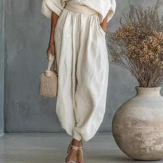 Elegant Skew Collar Long Sleeve Top & Casual Pants Set