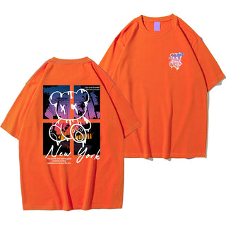 New York Sunset Bear Oversized Graphic Tee – Men’s 100% Cotton Streetwear Shirt