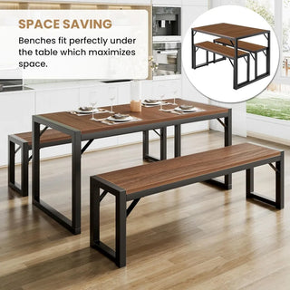 Rustic Kitchen 3-Piece Dining Table Set with 2 Benches