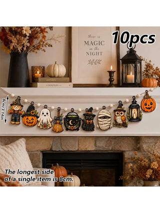 10-Piece Vintage Halloween Wooden Garland – Pumpkin, Ghost, Moon & Trick-or-Treat Hanging Banner for Fireplace, Mantel & Party Decor