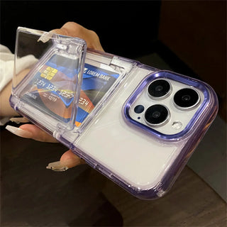 Clear phone case with card holder and camera cover held by a person.
