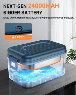 GEARGO Cordless Electric Heated Lunch Box, 24000mAh Rechargeable Self-Heating Food Warmer with Stainless Steel Container, Ice Crystal Box, Insulated Bag, Digital Display, and 6.7-Cup Capacity