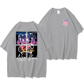 New York Sunset Bear Oversized Graphic Tee – Men’s 100% Cotton Streetwear Shirt