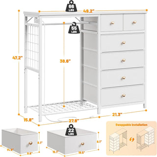49.2" White Dresser with Hanging Rack, 6 Drawers, LED Lights & Charging Station
