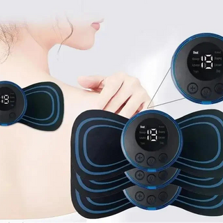 Electrical muscle stimulator device on a person's arm with digital display and control buttons.