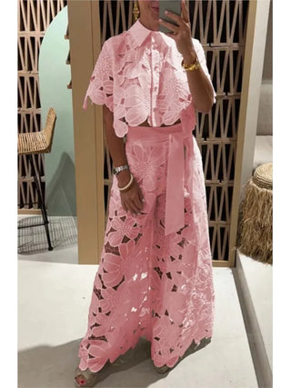 Lapel Single-Breasted Shirt Top + Wide-Leg Pants 2-Piece Set