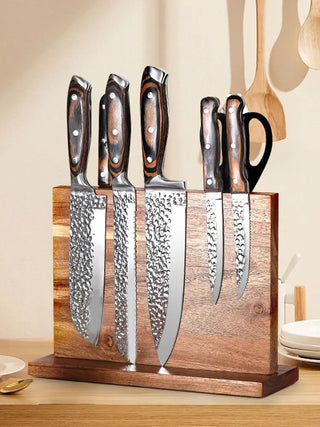 Magnetic Double-Sided Wooden Knife Holder Block – Acacia Wood Knife Stand with Enhanced Magnets