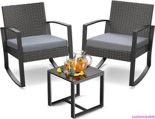 3-Piece Outdoor Rocking Patio Set - Wicker Chairs with Cushions & Glass Table