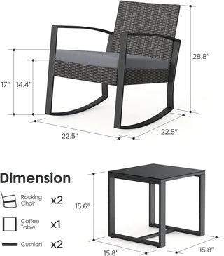 3-Piece Outdoor Rocking Patio Set - Wicker Chairs with Cushions & Glass Table