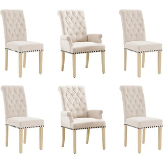 Upholstered Fabric Accent Dining Chair Set of 6 – Elegant Tufted Dining Room Chairs with 2 Armchairs