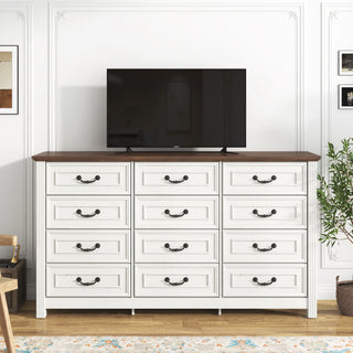 Large 12-Drawer Rustic Wood Dresser – 63" Long Modern Storage Cabinet for Bedroom, Living Room & Entryway