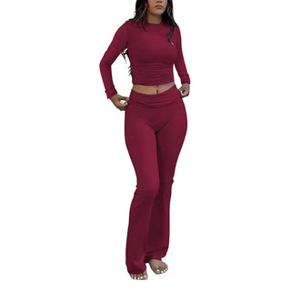 JEN YAGE High-Stretch Slim Crop Top & Flare Pants Set