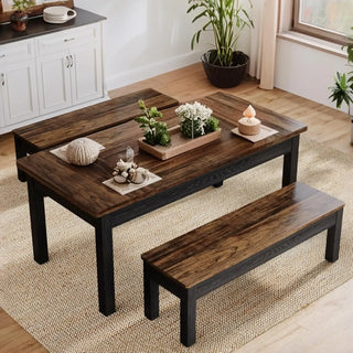 Farmhouse Kitchen Table Set for 4–6 – 55" Wooden Dining Table with 2 Benches