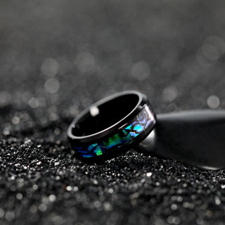 Stainless Steel Rings With Abalone Shell Inlay and Beveled Titanium Edge