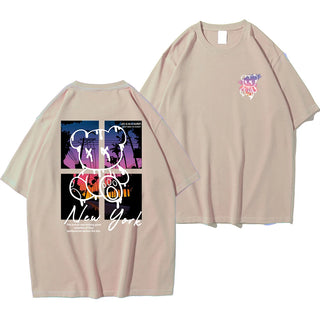 New York Sunset Bear Oversized Graphic Tee – Men’s 100% Cotton Streetwear Shirt