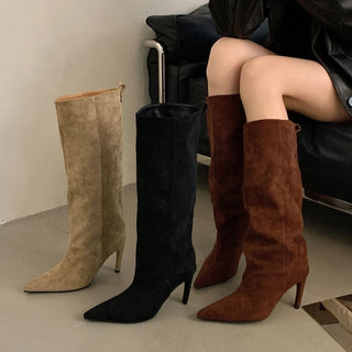Aneikeh Stiletto Knee-High Boots for Women – Pointed Toe Suede High Heel Long Boots