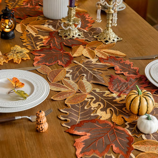 Autumn Maple Leaf Embroidered Table Runner – Rustic Thanksgiving & Fall Harvest Table Decor
