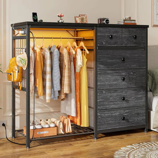 49.2" White Dresser with Hanging Rack, 6 Drawers, LED Lights & Charging Station