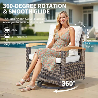 7-Piece Patio Furniture Set – PE Wicker Outdoor Conversation Set with 2 Wood Armrest Swivel Rocker Chairs
