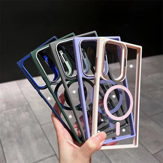 MagSafe-Style Hidden Holder Clear Samsung Galaxy Case, Shockproof Magnetic Bumper Cover with Kickstand