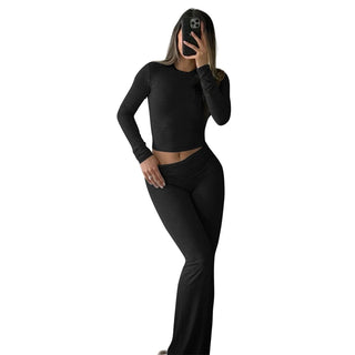 JEN YAGE High-Stretch Slim Crop Top & Flare Pants Set