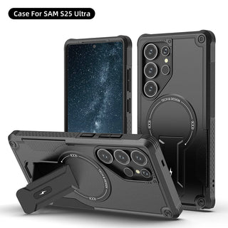 Fold Stand Magnetic Armor Samsung Case, Shockproof Half-Wrapped Cover with Portable Kickstand, Camera Guard, Screen Protection, and Wireless Charging Support for Galaxy S26 S25 S24 A56 A26 A16