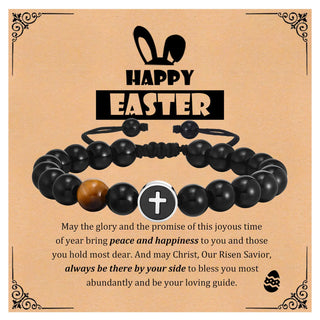 Men’s Cross Beaded Bracelet Adjustable Black Onyx Stainless Steel Faith Wristband Gift for Dad