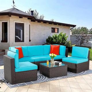 5-Piece Outdoor Patio Sectional Sofa Set – L-Shaped Wicker Furniture with Cushions & Glass Table for Backyard, Garden & Deck