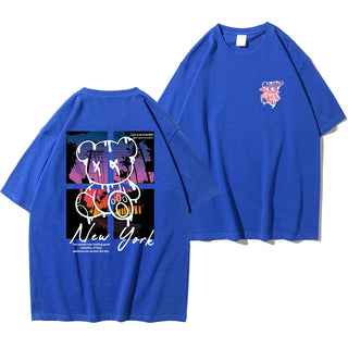 New York Sunset Bear Oversized Graphic Tee – Men’s 100% Cotton Streetwear Shirt