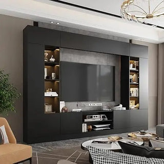 114" Large Wall Unit Entertainment Center with Bookshelves, LED Lights & 18 Shelves – Modern Console Table for TVs up to 75"