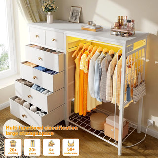 49.2" White Dresser with Hanging Rack, 6 Drawers, LED Lights & Charging Station
