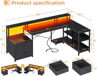 XMSJ L Shaped Desk with File Drawer,  Power Outlet & LED Strip