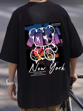 New York Sunset Bear Oversized Graphic Tee – Men’s 100% Cotton Streetwear Shirt