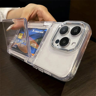 Clear phone case with card holder feature, showing a hand holding cards inside.