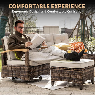 7-Piece Patio Furniture Set – PE Wicker Outdoor Conversation Set with 2 Wood Armrest Swivel Rocker Chairs