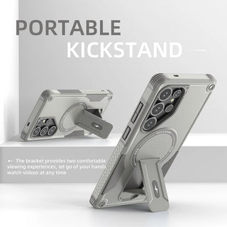 Fold Stand Magnetic Armor Samsung Case, Shockproof Half-Wrapped Cover with Portable Kickstand, Camera Guard, Screen Protection, and Wireless Charging Support for Galaxy S26 S25 S24 A56 A26 A16