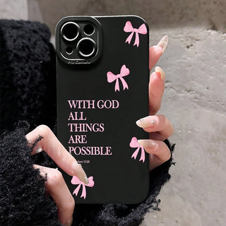 Minimalist Pink Bow Scripture iPhone Case, Soft TPU Matte Phone Cover with “With God All Things Are Possible” Design for iPhone 17 16E 16 15 14 13 12 11 Pro Max XS XR X 8 7 Plus SE2