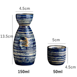 Decorative Blue Porcelain Saki Set with 1 Sake Carafe 4 Sake Cups